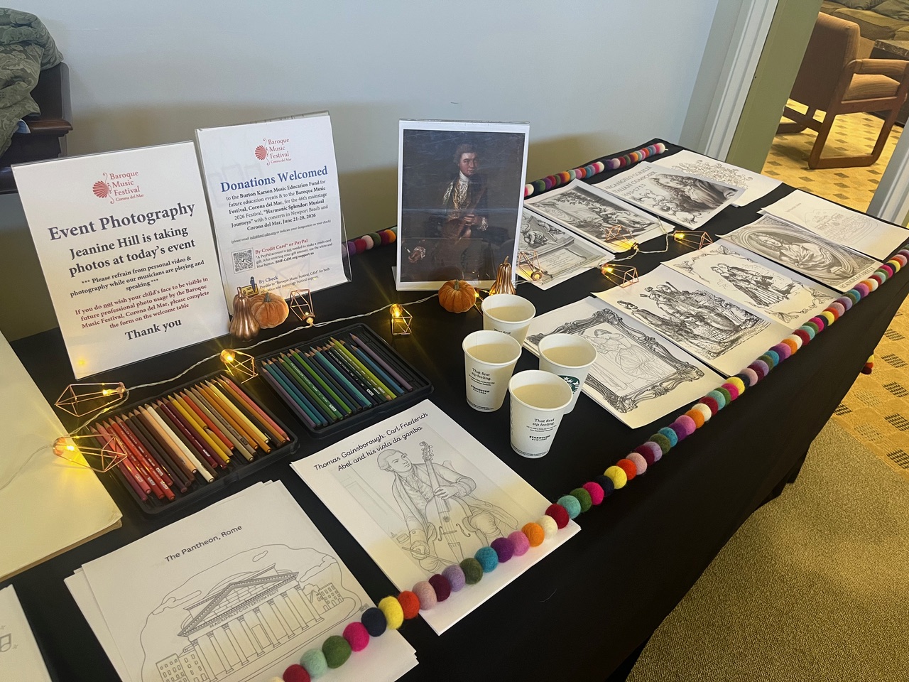 Gallery 2 - table of baroque-music themed coloring sheets and materials