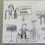 Gallery 4 - a kid's drawing of the four performers with their instruments and names