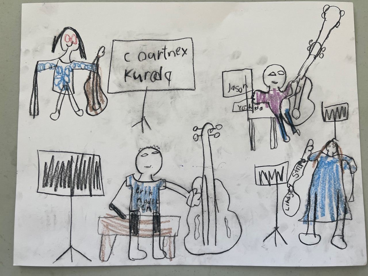 Gallery 4 - a kid's drawing of the four performers with their instruments and names